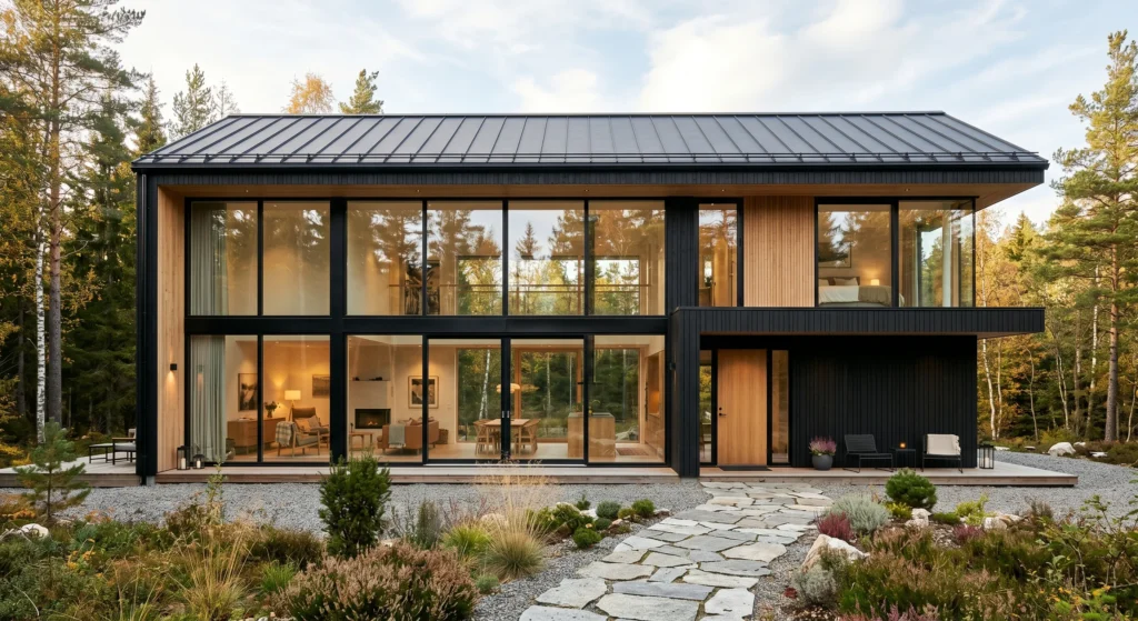 Oversized black-framed windows are a signature element of Modern Nordic House Exterior Ideas. Floor-to-ceiling glass fills the home with natural light while creating a stunning connection between indoor and outdoor living.