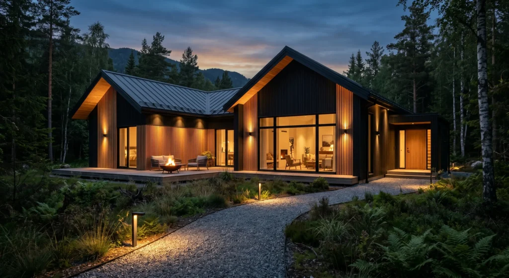 Highlight the beauty of your Modern Nordic House Exterior with warm architectural lighting. Soft uplights, pathway lighting, and subtle downlights create dramatic evening curb appeal while enhancing the clean lines of Scandinavian architecture.