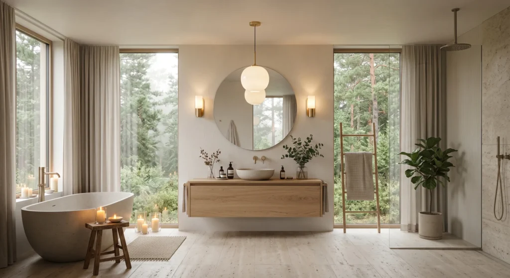 Create a relaxing spa bathroom atmosphere with layered lighting. Warm pendant lights, wall sconces beside the mirror, and soft candlelight provide a flattering glow while enhancing the cozy Nordic mood. Thoughtful lighting transforms a simple bathroom into a luxurious Scandinavian retreat.