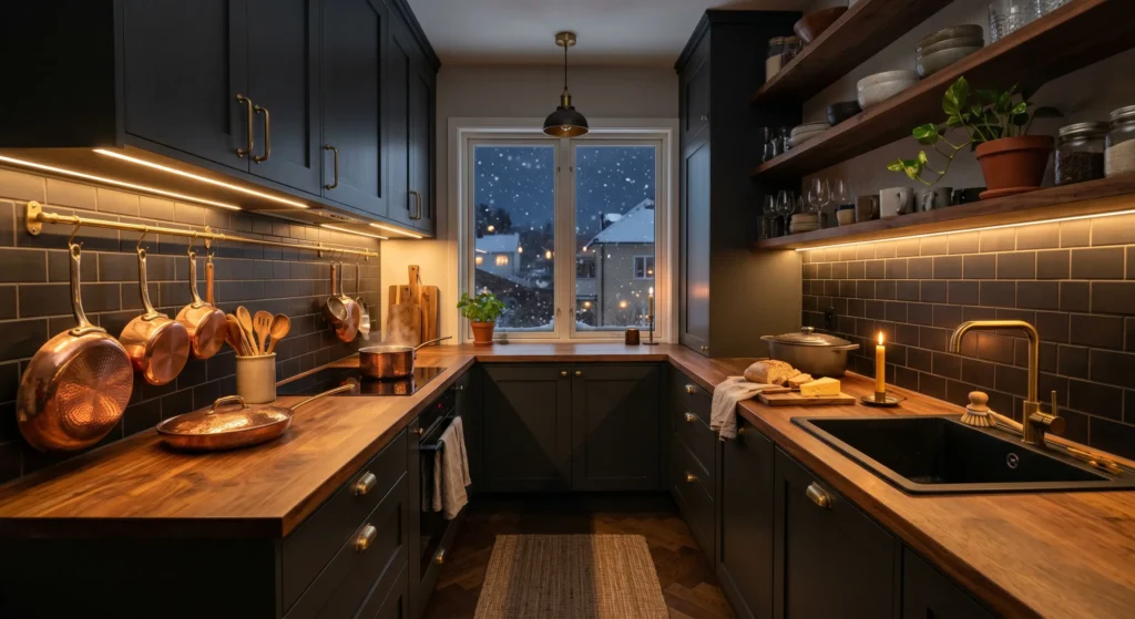Warm under-cabinet lighting is one of the easiest upgrades for a small Scandinavian kitchen. LED strip lights brighten countertops, eliminate shadows, and create an airy, expensive-looking atmosphere. This simple lighting trick makes compact kitchens feel significantly larger and more inviting.