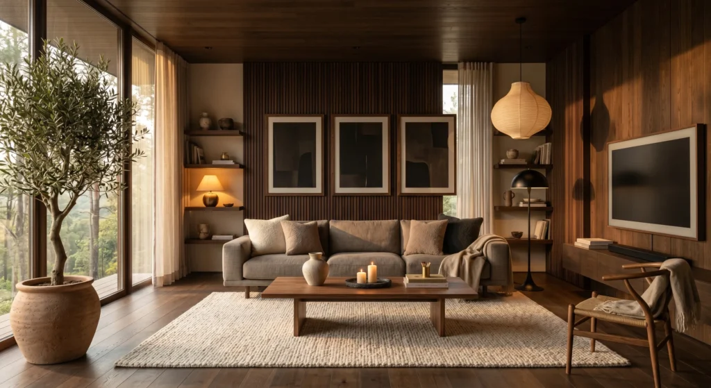 Luxury Nordic living room with paper pendant light, designer floor lamp, candles, warm ambient lighting, greige sofa, oversized wall art, oak furniture, cozy evening atmosphere, Scandinavian decor, full room view.