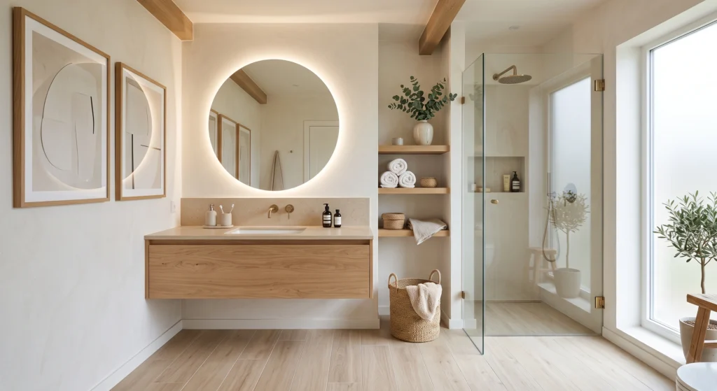 A modern Scandinavian bathroom showcasing a slim floating light oak vanity with visible natural wood grain, premium travertine countertop, integrated white basin, oversized round mirror, minimalist oak-framed wall art, brushed brass fixtures, frameless glass shower, and clean open floor space that enhances the feeling of spaciousness.