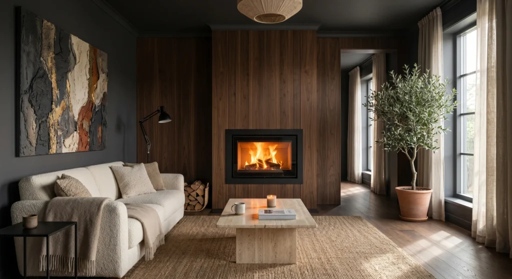 A sophisticated Nordic living room featuring a sleek black steel fireplace insert with frameless glass, dark walnut walls, oversized contemporary artwork, and soft ambient lighting. The flames become the focal point of this elegant Scandinavian retreat.