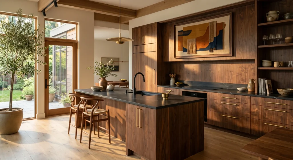 Luxury modern Nordic kitchen with panel-ready integrated appliances hidden behind warm oak cabinet fronts, handleless cabinetry, oversized wall art in wood frames, quartz waterfall island, and a seamless minimalist design with cozy hygge vibes.
