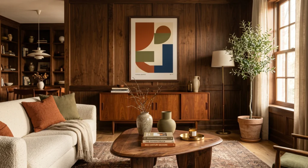 Luxury vintage Scandinavian interior featuring a long teak sideboard with tapered legs and sliding doors, styled with retro lamps, ceramic vases, and vintage books. Oversized abstract wall art, warm beige sofa, rich walnut wood grain, and natural sunlight create a timeless Nordic atmosphere.