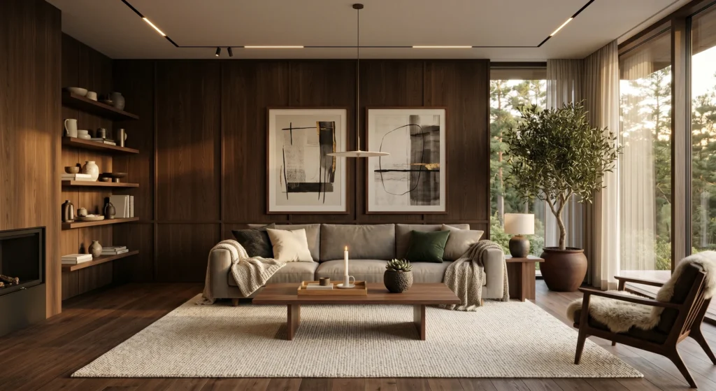 Scandinavian living room featuring minimalist oak coffee table styled with one tray, one candle, one small plant, oversized wall art, greige sofa, natural wood furniture, luxury Nordic interior, full room view.