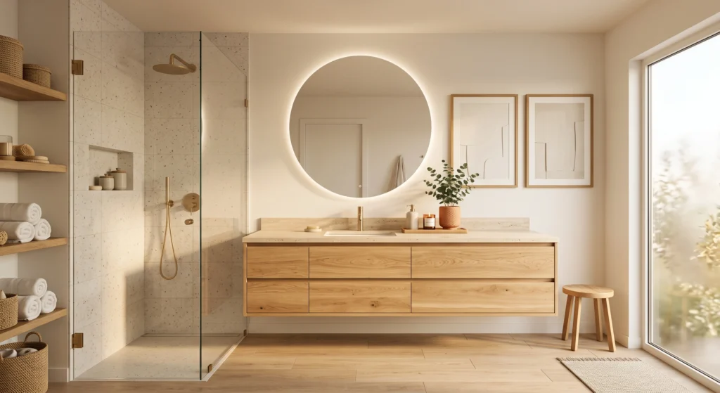 A minimalist Scandinavian bathroom with an uncluttered travertine countertop featuring only a handcrafted ceramic soap dispenser, a small eucalyptus plant in a terracotta pot, and a scented candle arranged on a natural oak tray. Hidden storage, floating oak vanity, oversized mirror, warm lighting, and clean Nordic styling create a serene luxury spa feel.