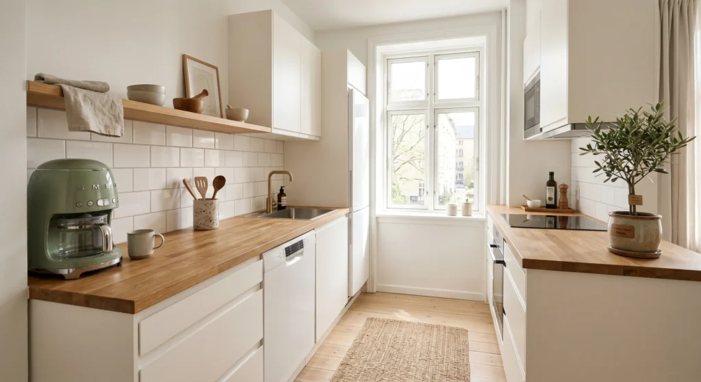 A clear countertop is the foundation of every beautiful Scandinavian kitchen. Keep only the essentials visible—such as a coffee maker, small plant, and wooden tray—to create a clean, spacious look. Less clutter means more light, more calm, and a kitchen that feels twice as big.