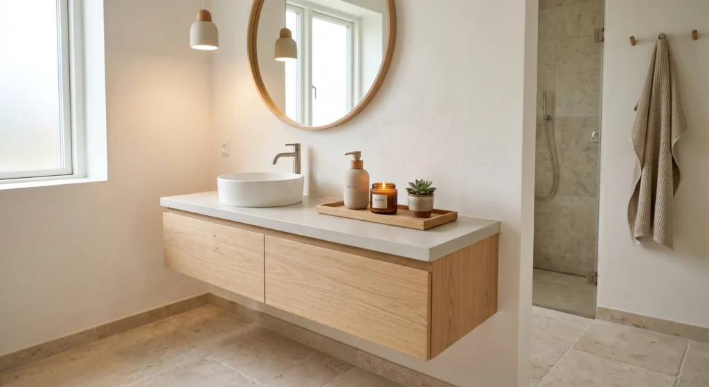 A calming minimalist bathroom design starts with clear countertops. A simple tray holding a candle, soap dispenser, and small plant creates a curated look while keeping everyday essentials organized. Hidden storage maintains a clean, peaceful environment perfect for relaxation.