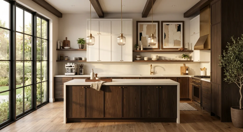 Minimalist Scandinavian kitchen with clutter-free countertops, one wooden tray holding olive oil and spices, oversized wall art, natural oak furniture, warm white cabinetry, bright airy atmosphere, luxury Nordic styling, full kitchen view.