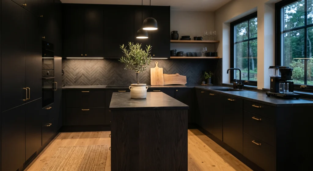 Keep countertops clean and intentional with only a few carefully chosen essentials. A coffee maker, small plant, and wooden cutting board create a calm, minimalist look that enhances the beauty of a dark Scandinavian kitchen while maintaining a bright and organized atmosphere.