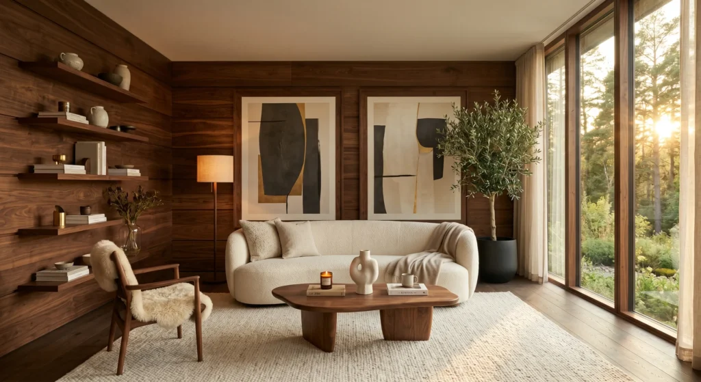 Luxury Scandinavian living room with sculptural ceramic decor, designer books, artisan objects, oversized wall art, clean surfaces, oak furniture, cream sofa, curated contemporary Nordic styling, full room view.