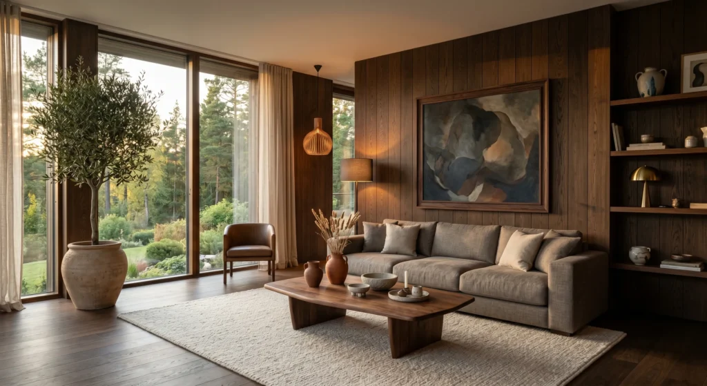 Luxury Scandinavian living room with open floor space, visible oak flooring, oversized jute rug, minimal furniture arrangement, oversized wall art, airy Nordic interior, spacious full room view.