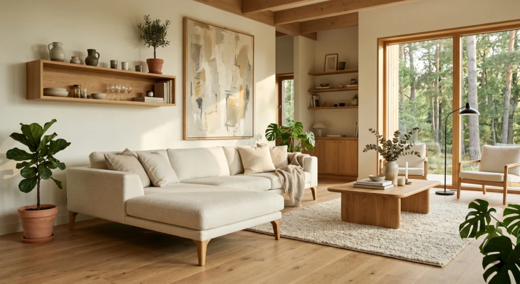 A sophisticated Nordic living room featuring a low-profile cream sofa with exposed oak legs, round oak coffee table, floating wood shelves, oversized wall art, and bright airy interiors.