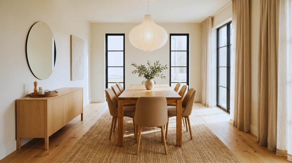 A clutter-free dining room feels calm, luxurious, and timeless. Scandinavian design embraces simplicity with intentional organization, clean surfaces, and warm neutral decor. Save this idea for a dining room that feels effortlessly elegant every day.