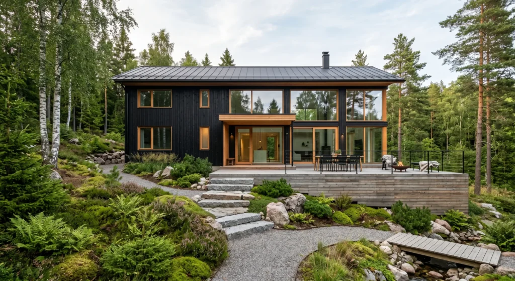 Create a seamless connection between architecture and nature with minimalist Scandinavian landscaping. Native grasses, gravel pathways, birch trees, and simple stone elements perfectly complement a modern Nordic house exterior.