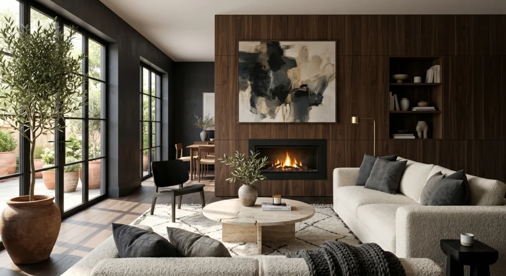 A luxury Scandinavian fireplace wall with no mantel, allowing the clean architectural lines and oversized abstract artwork to take center stage. Warm wood textures, cream seating, and firelight create an uncluttered hygge atmosphere.
