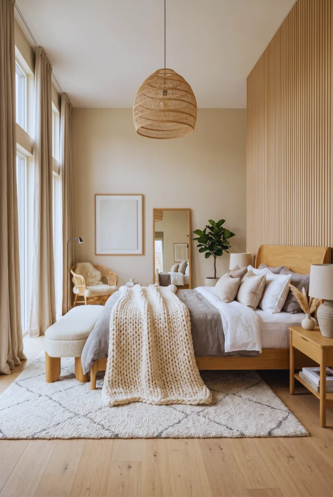 The secret to a luxurious Scandinavian bedroom? Layers of texture. Linen bedding, chunky knit throws, wool rugs, and soft curtains create a cozy hygge atmosphere that feels warm and welcoming. One of the best Warm Scandinavian Bedroom Ideas That Feel Like a Luxury Retreat for creating depth and comfort.