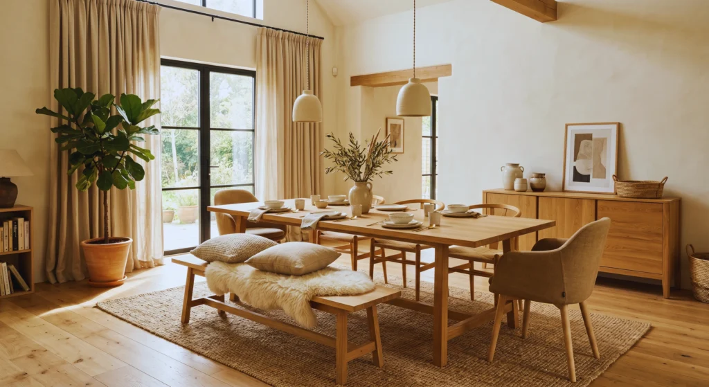 Create a cozy Scandinavian dining room with layered natural textures. Linen dining chairs, soft wool cushions, wooden benches, and sheepskin accents add warmth and comfort while maintaining a clean, minimalist aesthetic. Perfect for elegant and timeless Nordic interiors.