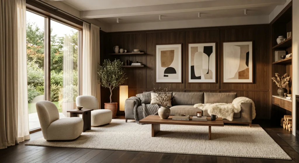 Cozy Scandinavian living room, chunky knit throws, linen cushions, wool textures, sheepskin accents, oversized wall art, oak furniture, warm neutral palette, hygge atmosphere, luxury Nordic interior, full room view.
