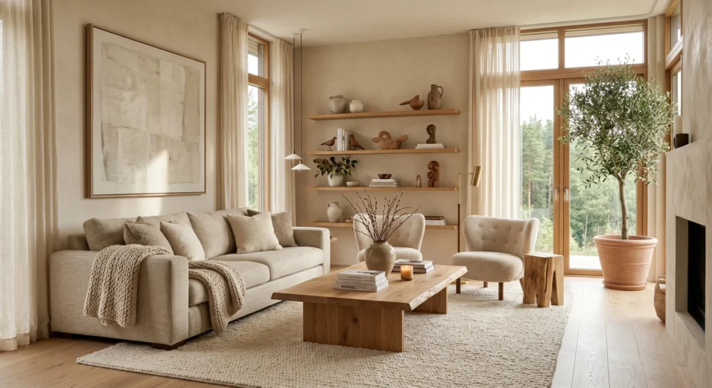 Scandinavian living room with handcrafted oak coffee table, floating oak shelves, visible wood grain, natural wood furniture, oversized wall art, cream sofa, warm neutral decor, luxury Nordic style, bright airy interior, full view.
