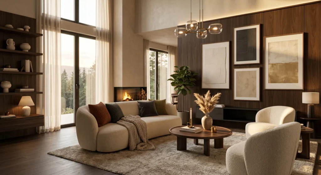 Luxury Scandinavian living room featuring bouclé sofa, chunky wool throws, alpaca blanket, ribbed velvet cushions, linen pillows, oversized abstract wall art, oak furniture, layered textures, cozy modern Nordic styling, full room view.