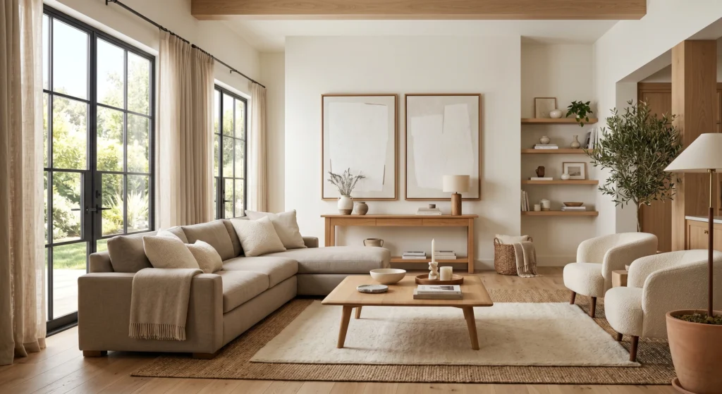 Modern Scandinavian living room featuring a warm grey sofa, handcrafted oak coffee table, floating oak shelves, light wood flooring, oversized wall art, woven baskets, cream textiles, and bright natural sunlight.

Keywords: