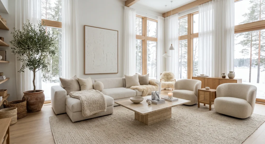 A premium Scandinavian living room featuring layered linen, wool, boucle, sheepskin, and jute textures, oversized abstract wall art, cream furnishings, oak flooring, and cozy hygge styling.