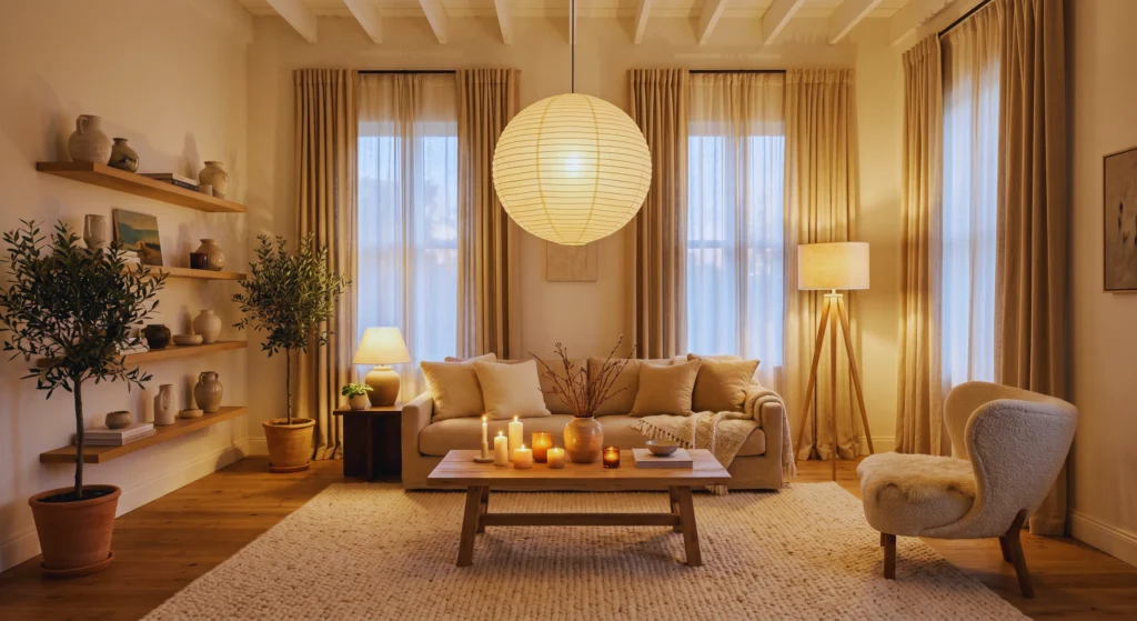 Create a warm and welcoming Nordic atmosphere with layered lighting. A pendant light, floor lamp, and candlelight combination is one of the best Scandi Style Living Room Essentials for a Modern Home (Cozy, Minimal & Effortlessly Cool).
