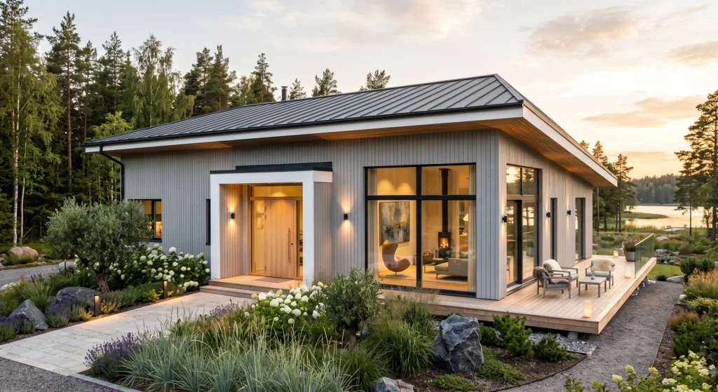 A sophisticated Scandinavian residence finished in light dove gray timber cladding with crisp white trim, oversized black-framed windows, oak front door, charcoal roof, cedar wood details, elegant gardens, and warm golden sunlight creating a bright Nordic exterior.