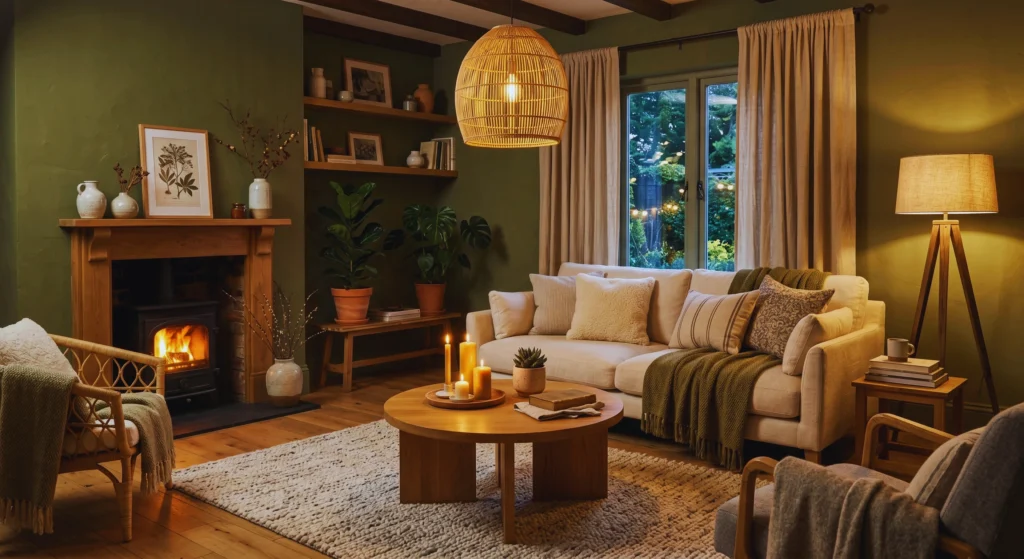 Layered lighting instantly elevates a Nordic living room. Combine paper lantern pendants, elegant floor lamps, and candlelight to create a cozy hygge atmosphere that feels warm, inviting, and effortlessly Scandinavian day and night.