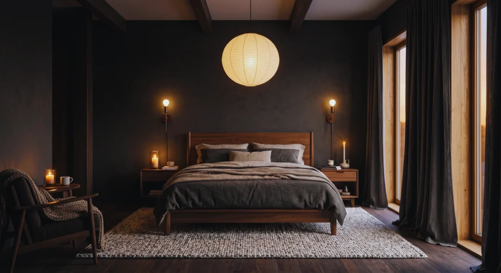 Warm layered lighting transforms a bedroom into a cozy Nordic retreat. From soft wall sconces to candles and ambient lighting, this Scandinavian bedroom creates the perfect atmosphere for relaxation and deep sleep.