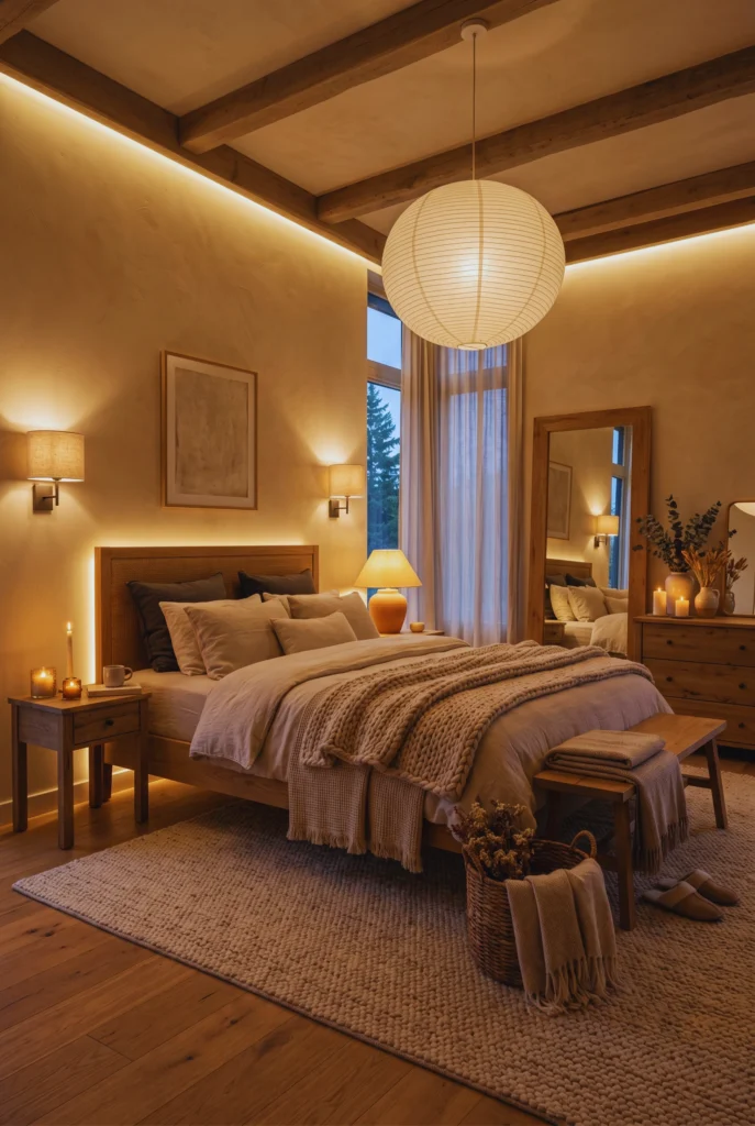 Soft lighting is essential for a warm Scandinavian bedroom. Paper pendant lights, bedside sconces, candles, and warm ambient lighting create a relaxing spa-like atmosphere perfect for unwinding. One of the most effective Warm Scandinavian Bedroom Ideas That Feel Like a Luxury Retreat.