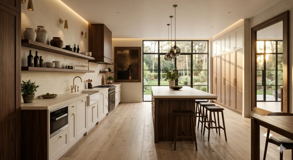 Bright white Scandinavian kitchen with floor-to-ceiling windows, sheer linen curtains, oversized wall art, oak kitchen island, natural sunlight flooding the space, oak flooring, luxury Nordic interior, spacious full kitchen view.