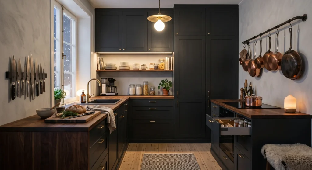 Make the most of every wall with floor-to-ceiling storage solutions. Tall pantry cabinets, wall-mounted racks, and magnetic knife strips help maximize storage without sacrificing style. These small Scandinavian kitchen ideas prove that vertical space is your secret weapon in a compact home.