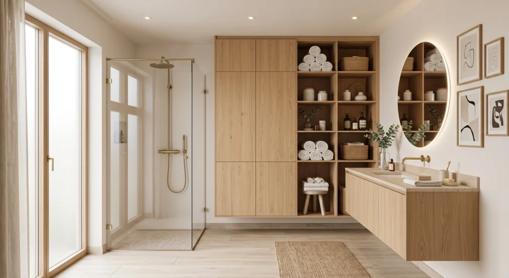 A luxury Scandinavian bathroom featuring a floor-to-ceiling light oak storage cabinet with visible wood grain, floating oak shelves displaying rolled white spa towels, woven baskets, ceramic jars, and eucalyptus. The floating vanity, oversized mirror, oak-framed artwork, and uncluttered styling maximize storage while maintaining an elegant Nordic aesthetic.