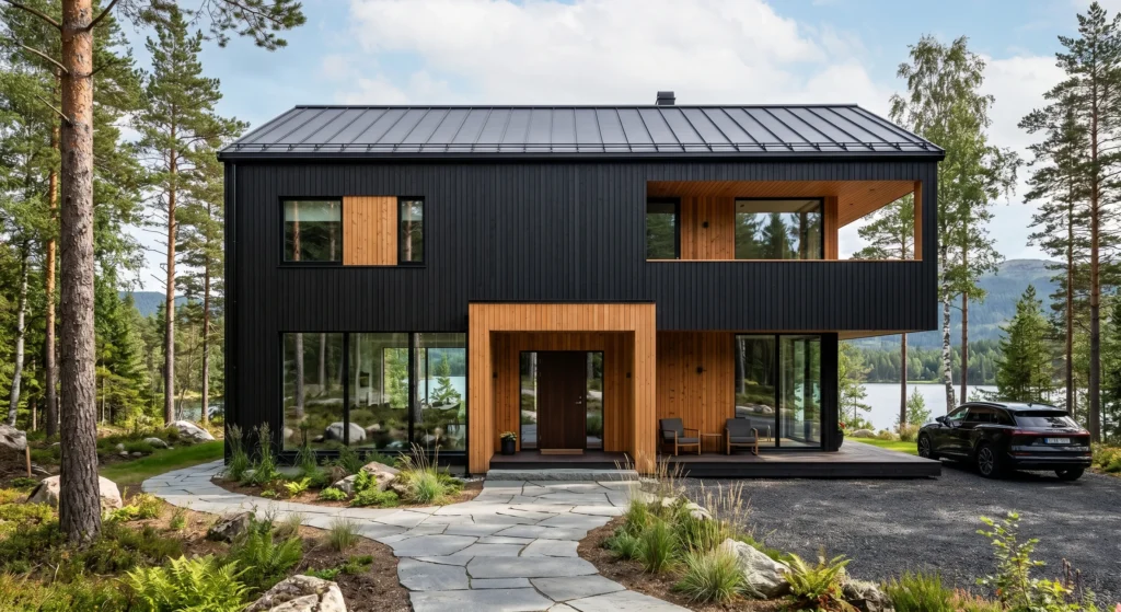 Discover the perfect balance of drama and warmth with a Modern Nordic House Exterior that combines matte black cladding and natural cedar wood accents. This timeless Scandinavian design creates stunning visual contrast while maintaining a cozy, inviting feel.