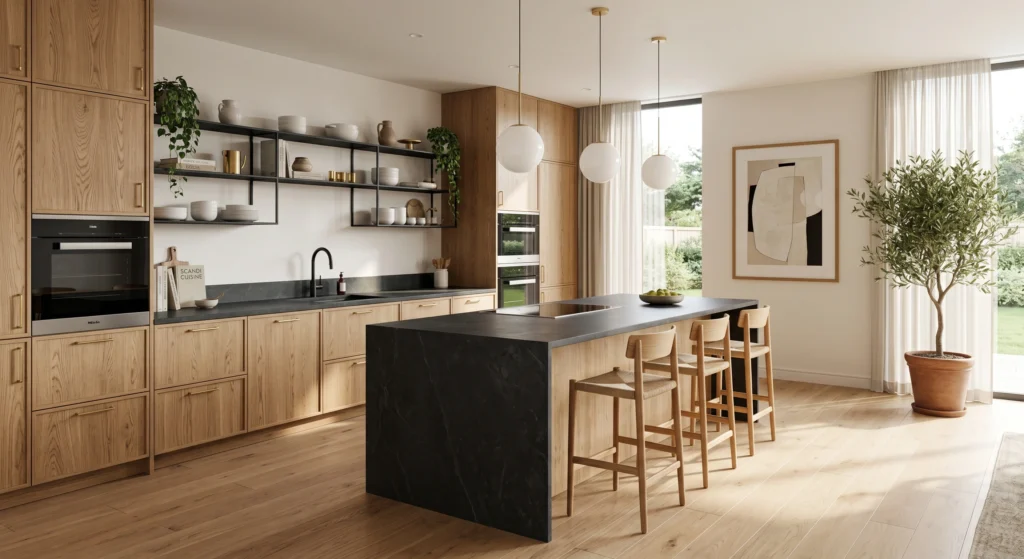 Luxury Scandinavian kitchen featuring dramatic soapstone and quartzite countertops, warm wood cabinetry with visible grain, oversized minimalist wall art, brass details, artisan pottery, and a sophisticated Nordic aesthetic filled with natural light.
