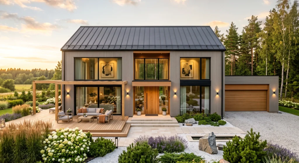 A luxurious Scandinavian timber house clad entirely in untreated cedar and European larch, showcasing rich natural wood grain, panoramic black-framed windows, floating wooden deck, forest-inspired landscaping, natural stone pathways, and warm golden sunlight.