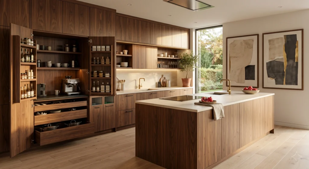 Luxury modern Scandi kitchen with sleek black metal floating shelves styled with white dishes, glass jars, books, and trailing plants. Warm oak cabinets, oversized wall art, quartz countertops, and abundant sunlight create a fresh and contemporary atmosphere.