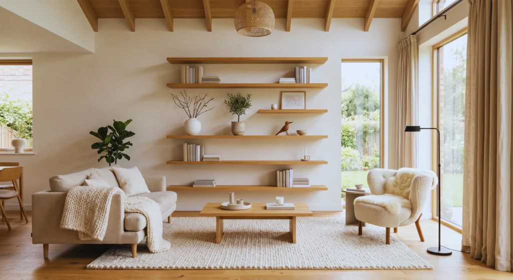 Open wooden shelves add personality without clutter. Style them with ceramics, books, and greenery to achieve the perfect Scandinavian balance between function and beauty. Minimal, cozy, and effortlessly cool.