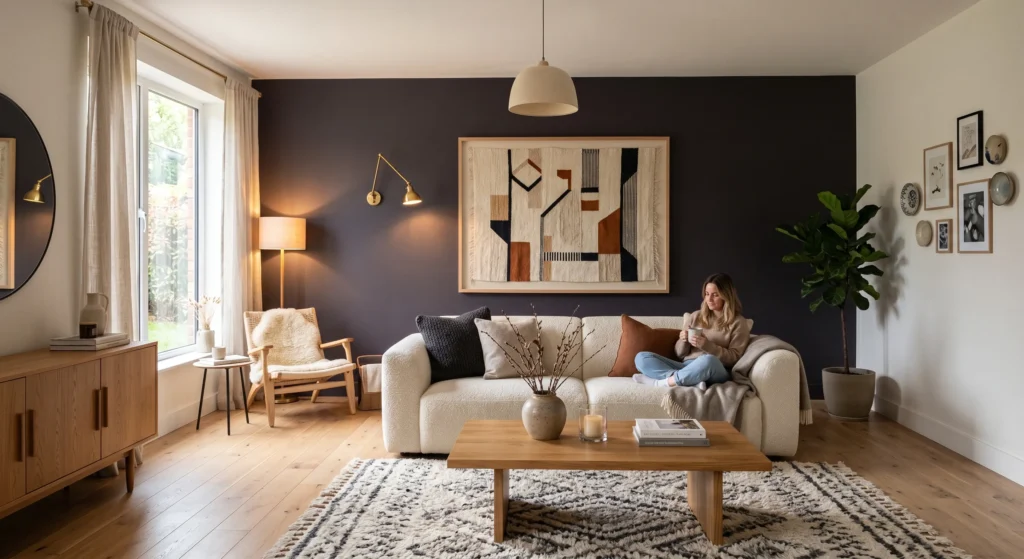 A premium Scandinavian living room featuring a deep forest green accent wall behind the sofa, oversized colorful wall art, natural oak flooring, cream furniture, and warm Scandinavian styling.