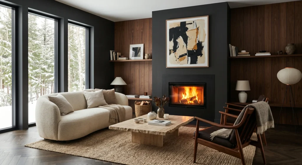 A beautiful Scandinavian living room with a low-profile cream sofa and walnut lounge chairs arranged around a fireplace. Oversized wall art, warm firelight, and natural textures create a cozy conversation-focused space.