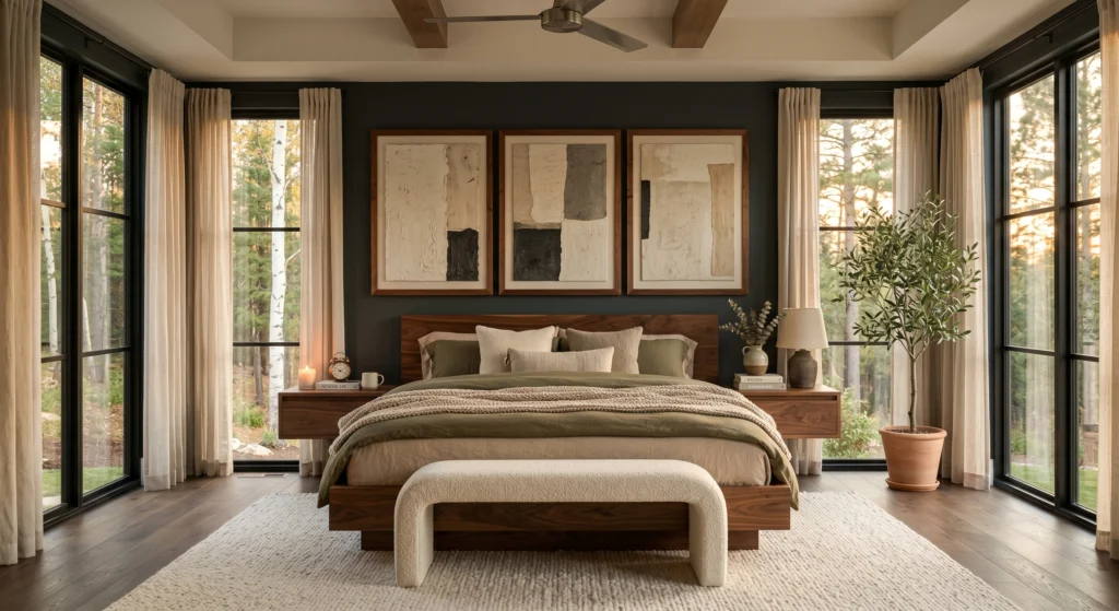 A peaceful luxury Scandinavian bedroom designed as a technology-free sanctuary with no television, laptop, or phone. The oak nightstand is styled with a hardcover book, ceramic mug, analog alarm clock, scented candle, and eucalyptus in a handcrafted vase. Oversized wall art, warm wood furniture, layered linen bedding, and soft morning light complete the serene Nordic atmosphere.