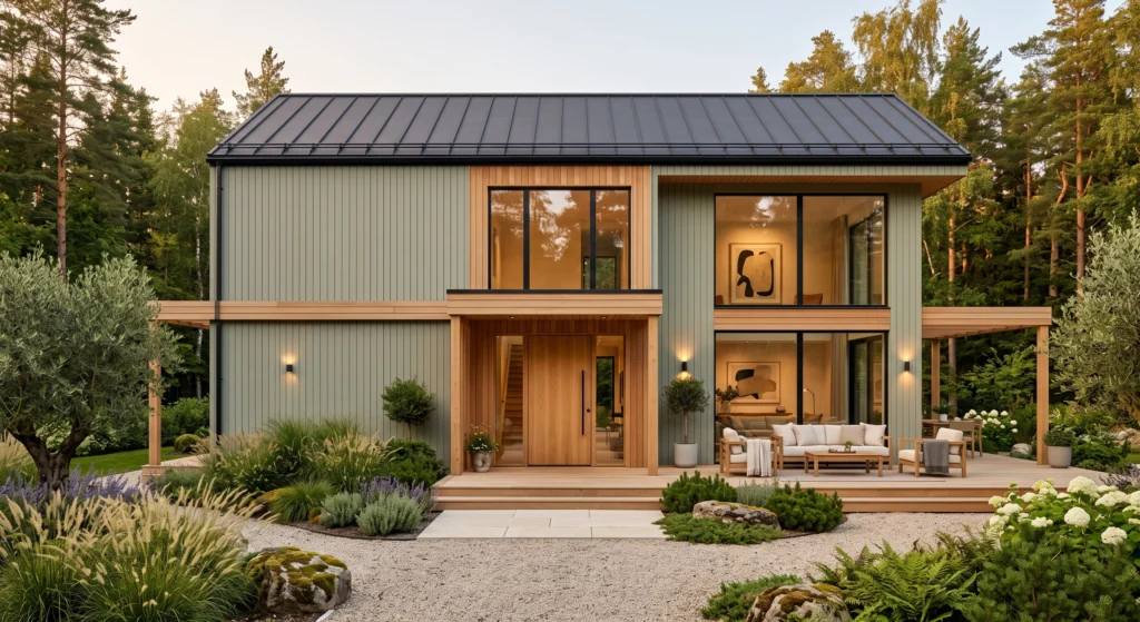 A luxury Scandinavian forest home painted in soft sage green, complemented by white trim, natural oak accents, large black-framed windows, charcoal roof, lush woodland landscaping, pine trees, and warm evening sunlight filtering through the trees.