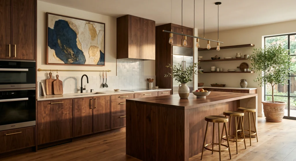 Luxury Nordic kitchen with integrated hidden storage, pull-out pantry cabinets, deep drawers, under-cabinet lighting, natural oak cabinetry, oversized contemporary artwork, and a clutter-free minimalist layout with premium wood finishes.
