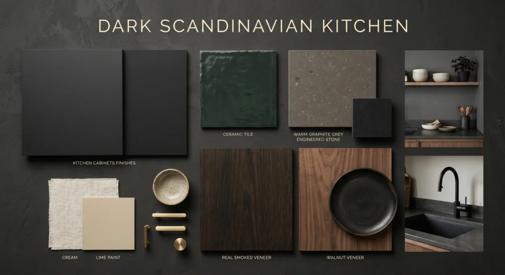 Create a bold and sophisticated look with matte black or charcoal cabinets, one of the defining features of Ways to Create a Dark Scandinavian Kitchen: Moody, Dramatic & Deeply Beautiful (Yes, It's Still Hygge). Deep tones, clean lines, and minimalist styling create a luxurious Nordic kitchen that feels cozy, modern, and effortlessly elegant.