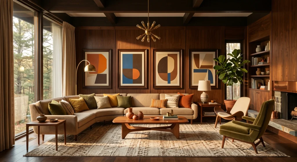 Luxury vintage Scandinavian living room with pale terracotta walls, warm beige linen sofa, mustard yellow and olive green cushions, teak furniture, oversized retro wall art in walnut frames, visible wood grain, brass accents, cozy hygge atmosphere, full room view.