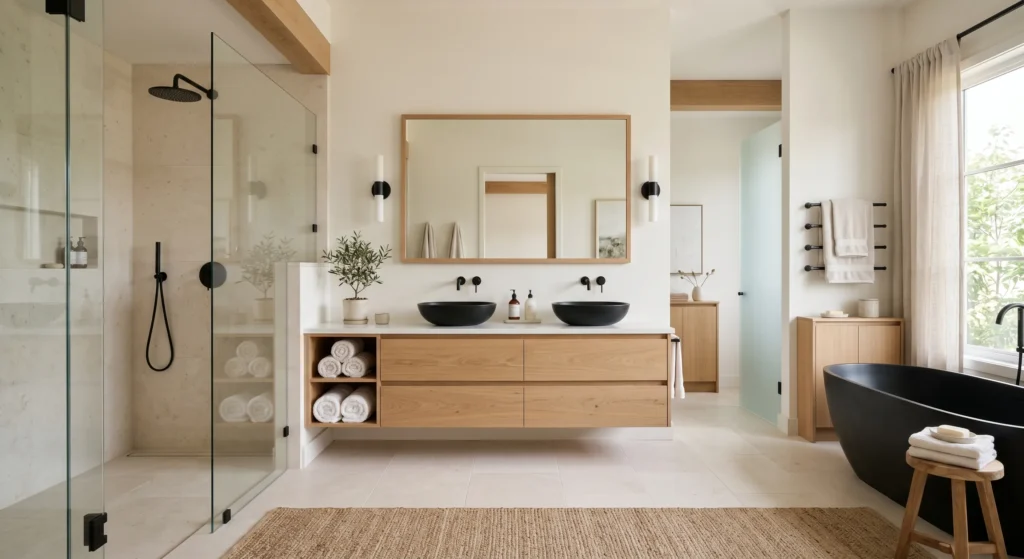 Create a serene Scandinavian bathroom featuring warm white walls, creamy beige tones, pale grey accents, and light stone flooring. Soft neutral colors reflect natural light, making the room feel larger, brighter, and more peaceful. This timeless minimalist bathroom design creates the perfect spa-like atmosphere while maintaining a clean and elegant Nordic aesthetic.