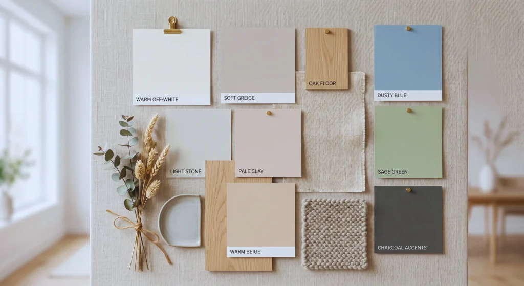 Create a calm and inviting space with muted earthy tones inspired by Nordic Living Room Design Ideas That Feel Simple & Stunning (Effortless Scandinavian Style). Warm whites, soft greiges, pale clay tones, and subtle sage accents bring balance, warmth, and timeless Scandinavian elegance to any living room.